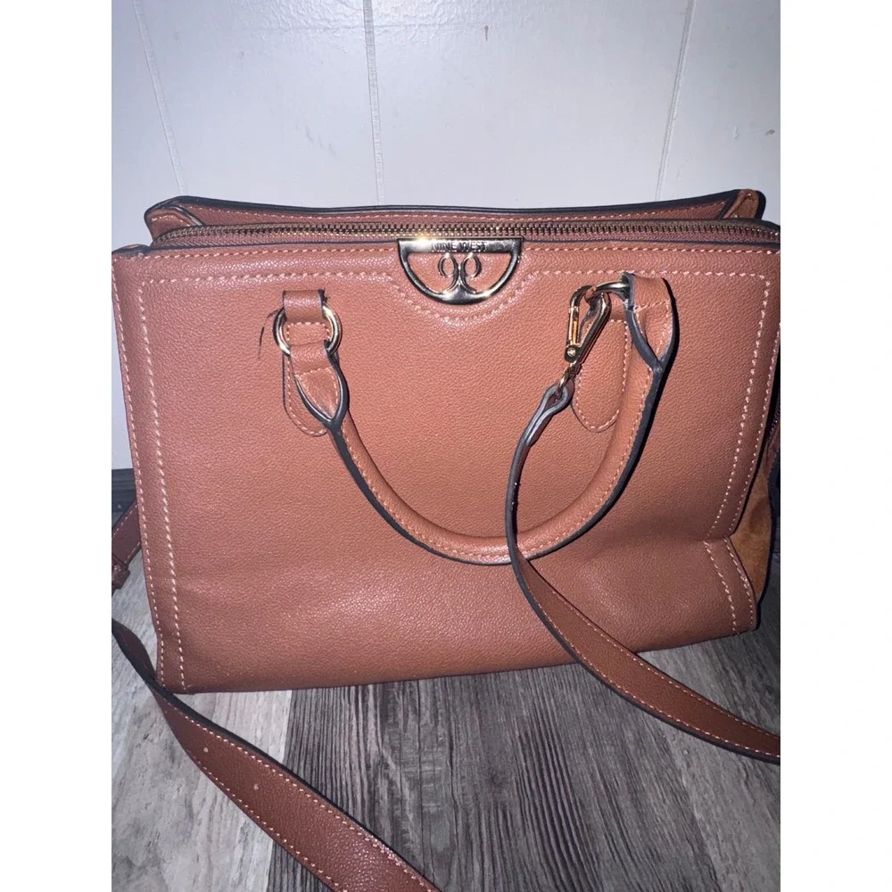 Nine West Cognac Brown Faux Leather Suede Trim Satchel Crossbody Handbag